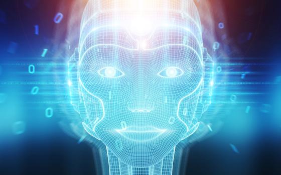 Digital face of blue light against a dark blue background (Dreamstime/Sdecoret)