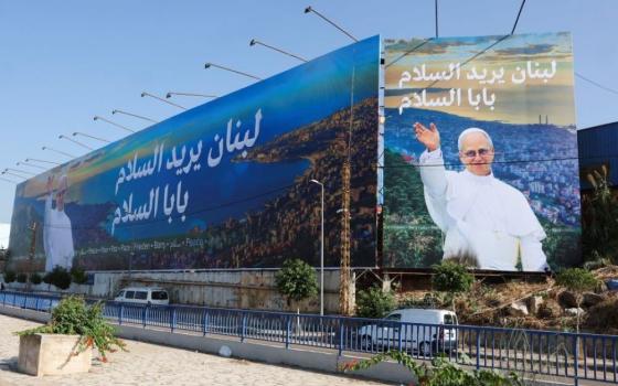A billboard depicting Pope Leo XIV ahead of his planned visit to Lebanon stands along the main airport road in Beirut Nov. 21. The pope will visit Turkey and Lebanon Nov. 27-Dec. 2, his first trip outside Italy. (OSV News/Reuters/Mohamed Azakir)