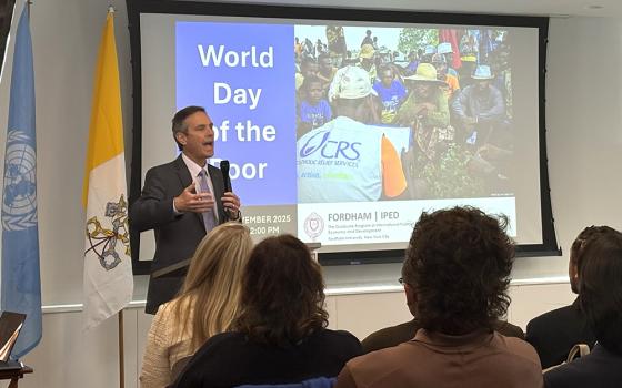 Sean Callahan, CEO of Catholic Relief Services, speaks at an event for the 2025 Fordham's Pope Francis Global Poverty Report at the Church Center for the United Nations in New York, Nov. 14. (NCR photo/Camillo Barone)