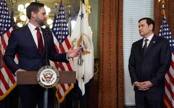 Vice President JD Vance speaks before swearing in Secretary of State Marco Rubio, right, in the Vice Presidential Ceremonial Office in the Eisenhower Executive Office Building on the White House campus Jan. 21 in Washington. 