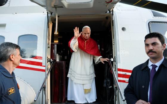 Pope Leo XIV waves from a Turkish government helicopter when he lands in Iznik, site of the ancient city of Nicaea, Nov. 28, for an ecumenical prayer service commemorating the 1,700th anniversary of the Council of Nicaea. (CNS/Vatican Media)