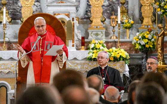 Pope Leo XIV speaks to Turkey's Catholic bishops, priests, religious, deacons and pastoral workers at the Latin-rite Cathedral of the Holy Spirit in Istanbul Nov 29, 2025. (CNS/Vatican Media)