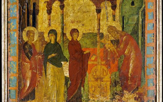 "The Presentation in the Temple" by Byzantine Painter. Joseph (far left) and Mary (center) present Christ in the temple as his divinity is recognized by Simeon (right) and the prophetess Anna (left). (Metropolitan Museum of Art)