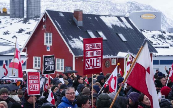 People protest against Trump's policy towards Greenland in front of the U.S. consulate in Nuuk, Greenland, Saturday, Jan. 17. (AP/Evgeniy Maloletka)