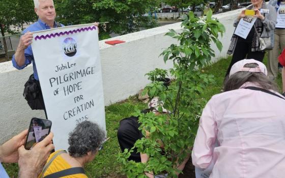 Members of the Metro New York Catholic Climate Movement plant a tree in remembrance of Pope Francis at the Shrine of St. Frances Xavier Cabrini in northern Manhattan. The visit was part of the Pilgrimages of Hope for Creation organized across the U.S. to mark the Jubilee Year in 2025. (Nancy Lorence)