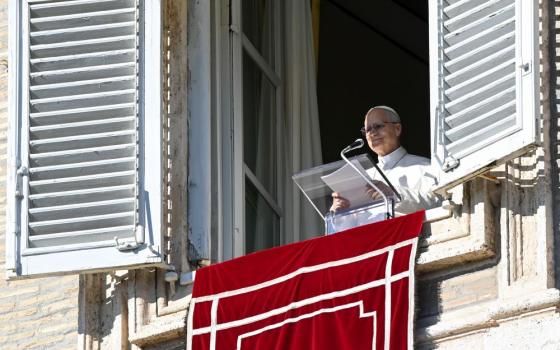 Pope Leo XIV speaks to visitors in St. Peter's Square at the Vatican as they gather to pray the Angelus prayer Jan. 11, the feast of the Baptism of the Lord. The pope prays the Sunday Angelus from the penultimate third-floor window of the Apostolic Palace. (CNS/Vatican Media)