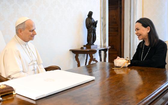 Pope Leo XIV meets María Corina Machado, Venezuelan opposition leader and 2025 Nobel Peace Prize laureate, during a private audience at the Vatican Jan. 12, 2026. (CNS/Vatican Media)