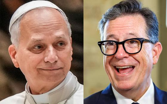 Left: Pope Leo XIV leads his weekly general audience in the Paul VI Audience Hall at the Vatican Jan. 28, 2026. Right: U.S. comedian and writer Stephen Colbert speaks with reporters in the Lapidary Gallery of the Apostolic Palace, after meeting Pope Francis during an audience June 14, 2024. (CNS photos/Lola Gomez)
