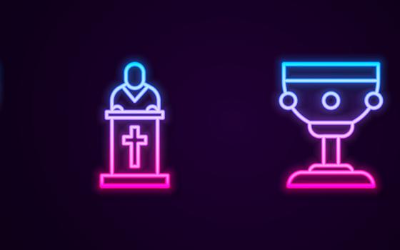 Symbols in glowing neon blue and magenta show praying hands, clergy (Dreamstime/Valerii Minhirov)at a pulpit, and a eucharistic chalice 