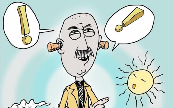 Cartoon drawing of a man speaking in exclamation points with corks in his ears (Pixabay/Rilson S. Avelar)