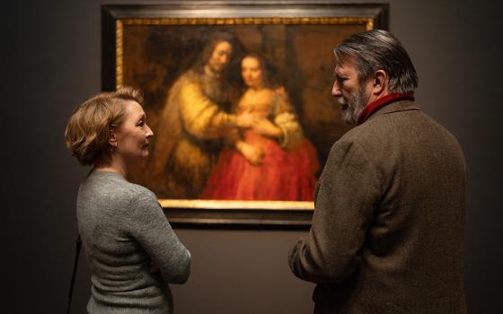 In a scene from the movie "Midwinter Break," Stella (Lesley Manville) and Gerry (Ciarán Hinds) survey "The Jewish Bride," a Rembrandt painting of Isaac and Rebecca that hangs in the Rijksmuseum, and see two separate but equally plausible meanings based on the circumstances of their own lives. (Focus Features/Mark de Blok)