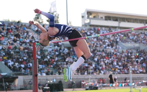 AB Hernandez, a transgender student at Jurupa Valley High School, competes in the high jump at the California high school track-and-field championships in Clovis, Calif., May 31, 2025. (AP/Jae C. Hong, file)