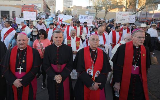 Archbishop John Wester of Santa Fe, N.M., (right) takes part in a demonstration in El Paso, Texas, against mass deportation March 24, 2025. With him are Bishop Peter Baldacchino of Las Cruces, N.M.; Archbishop Gustavo García-Siller of San Antonio and Bishop Mark Seitz of El Paso. (OSV News photo/Bob Roller)