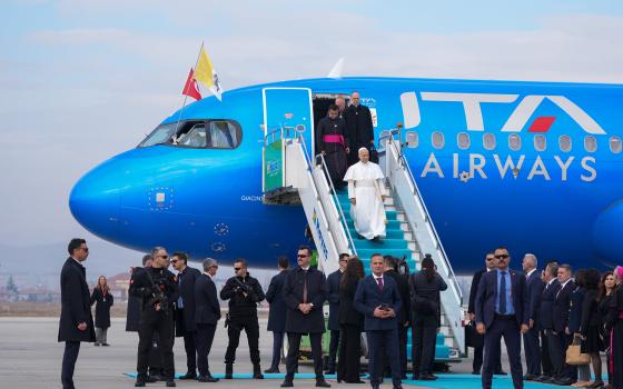 Pope Leo XIV arrives by plane from Rome in Ankara, Turkey, Nov. 27, 2025, at the beginning of his first international papal trip. (CNS photo/Lola Gomez)