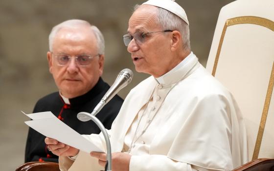 Pope Leo XIV talks to pilgrims and visitors during his weekly general audience in the Paul VI Audience Hall at the Vatican Jan. 28, 2026. (CNS photo/Lola Gomez)
