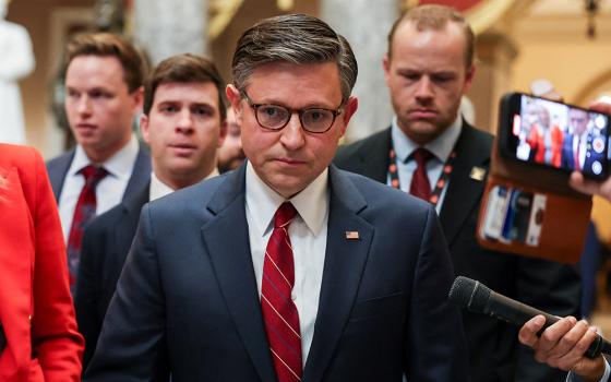 U.S. House Speaker Mike Johnson, R-La., speaks with reporters as the House votes to end the partial government shutdown on Capitol Hill in Washington Feb. 3, 2026. (OSV News/Reuters/Kylie Cooper)