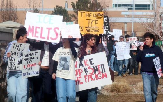 Students at Juan Diego Catholic High School in Draper, Utah, conduct a walkout in support of the immigrant community and to protest against U.S. Immigration and Customs Enforcement and the U.S. Department of Homeland Security just after noon on Feb. 3. (OSV News/Linda Petersen, Intermountain Catholic)