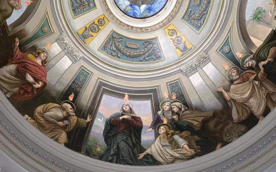 A painting on the ceiling of St. Catherine Church in Spring Lake, New Jersey, depicts the Holy Spirit descending upon the apostles. (CNS/Octavio Duran)