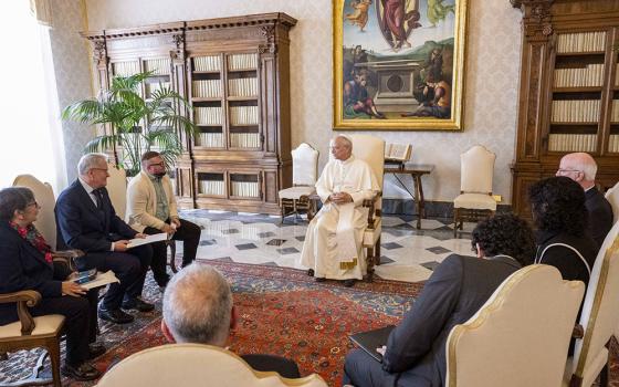 Pope Leo XIV meets with members of the board of Ending Clergy Abuse, a coalition of survivors and human rights advocates working to end clergy abuse, enforce accountability and promote justice and truth, during an audience in the library of the Apostolic Palace at the Vatican Oct. 20, 2025. Also present is Pedro Salinas, a Peruvian journalist and abuse survivor. (CNS/Vatican Media)