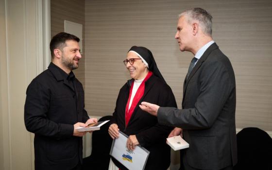 Argentine Dominican Sr. María Lucía Caram Padilla is seen with Juan Carlos Cruz, Chilean member of the Pontifical Commission for the Protection of Minors, and Ukrainian President Volodymyr Zelenskyy in Madrid Nov. 18, 2025. Zelenskyy presented Caram with the Order of Princess Olga, III class, for her efforts in providing humanitarian aid and support since the beginning of the Russian invasion of Ukraine. Cruz is a supporter of the nun's humanitarian work. (OSV News)