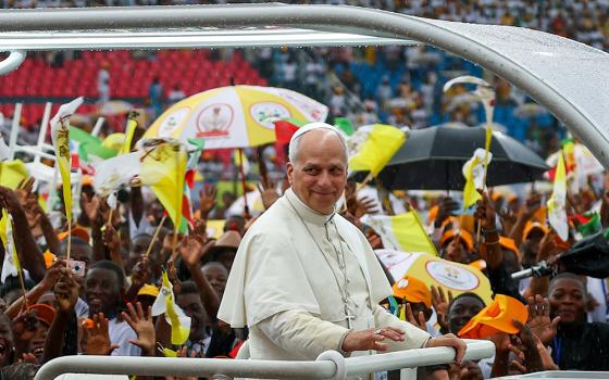 Pope Leo XIV smiles as he arrives at Bata Stadium in Equatorial Guinea, April 22, 2026, for a meeting with young people and families. (OSV News/Reuters/Kevin Thoma)