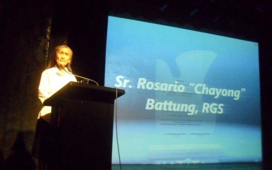 Good Shepherd Sr. Rosario Battung is recognized during an event marking the 40th anniversary of the Task Force Datainees of the Philippines, a human rights organization, at St. Joseph's College in Quezon City. (Courtesy of RGS Philippines-Japan Secretariat Office)