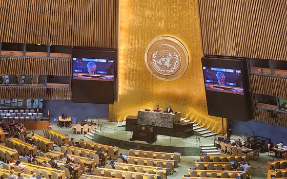 Dominican Sr. Carol Gilbert, longtime anti-nuclear activist, is seen on screens at the United Nations General Assembly Hall on May 1, 2026, delivering prepared remarks on the need to support the 1970 Treaty on the Non-Proliferation of Nuclear Weapons on behalf of 109 religious groups. (GSR photo/Chris Herlinger)