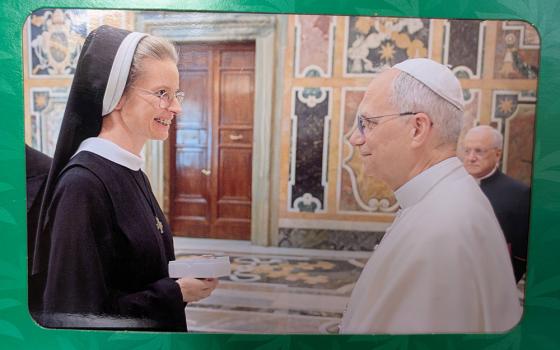 Basilian Sr. Emanujilla Vishka is pictured in a private audience with Pope Leo XIV on June 30, 2025 at the Vatican. The framed photo sits on Vishka's desk. (Courtesy of Emanujilla Vishka)