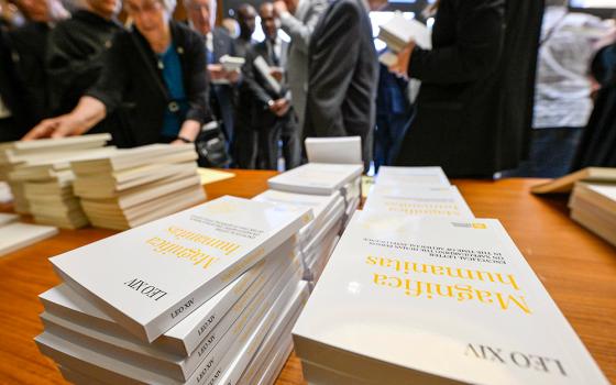 Copies of Magnifica Humanitas are seen at the Vatican's Synod Hall May 25, 2026. (OSV News/Vatican Media/Simone Risoluti)