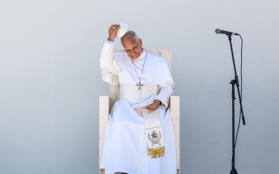 Pope Leo XIV puts on his zuchetto at the Plaza del Cristo de La Laguna, Tenerife, Canary Islands, Spain, June 12, 2026. (OSV News/Reuters/Yara Nardi)