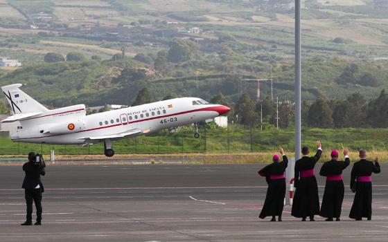 The plane provided by King Felipe VI of Spain departs Tenerife Norte-Los Rodeos Airport June 12, 2026, carrying Pope Leo XIV to Rome at the conclusion of his apostolic journey in Spain. (CNS/Lola Gomez)