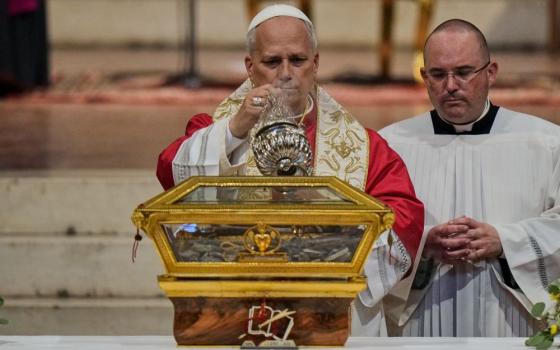 Pope Leo XIV incenses the relics of St. Augustine as he visits the San Pietro in Ciel d'Oro Basilica in Pavia, northern Italy, June 20, 2026. (AP/Luca Bruno)