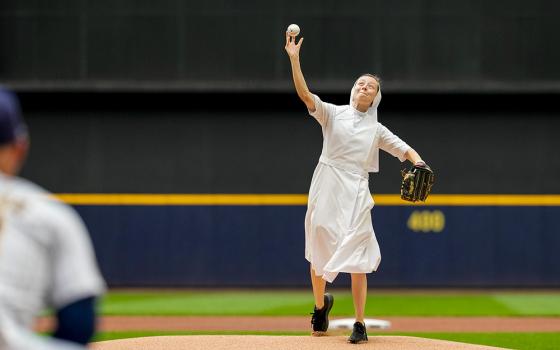 Salesian Sr. Kaitlin Trokan throws out the first pitch at the Milwaukee Brewers game June 14, 2026. (Courtesy of Milwaukee Brewers)