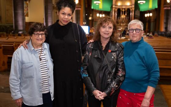 From left: Sr. Helen Prejean, Dead Man Walking author; Catherine Anyango Grünewald, illustrator for the new graphic edition; actress Susan Sarandon, who portrayed Prejean in the 1996 film; and Rose Vines, who adapted the text for the graphic novel, pose Nov. 6, 2025, at the book launch in Manhattan. (Fordham University/Leo Sorel)