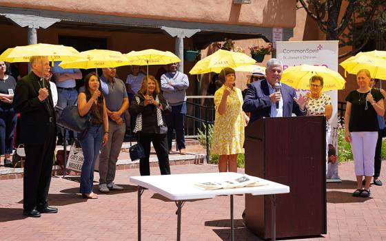 Allen Sánchez, president of the nonprofit CommonSpirit St. Joseph's Children, speaks about the sainthood cause of Sr. Blandina Segale of the Sisters of Charity, June 1 in Santa Fe, New Mexico, in front of a convent named for Segale. (Courtesy of the Sisters of Charity of Cincinnati)