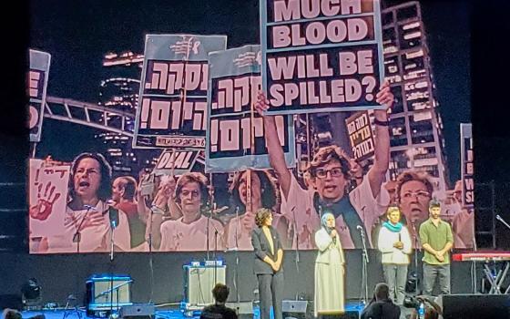 Women Wage Peace leaders speak at the People’s Peace Summit 2025 in Jerusalem. (M.A. Kirk)