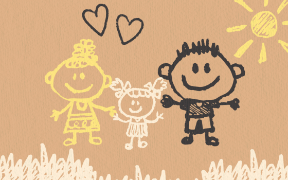 A Global Sisters Report graphic shows a child's drawing of a girl with her mom and dad, with the sun in the air and two hearts above them. (GSR graphic/Olivia Bardo)