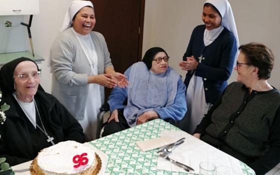 Sr. Shila Teresa Gomes of Bangladesh, second from left, and another member of the Catechist Sisters of the Immaculate Conception celebrate with Sisters of St. Francis de Sales in Florence, Italy. (Courtesy of Shila Teresa Gomes)