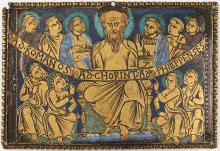 "Plaque with St. Paul and His Disciples," a possibly British, ca. 1160–80 copper champlevé enamel; the plaque's inscription refers to the epistles Paul addressed to the various early Christian communities (Romans, Corinthians, Philippians) among whom he traveled. (Metropolitan Museum of Art)